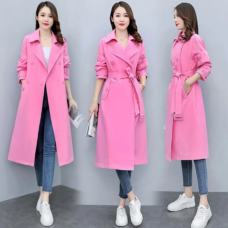 Spring Autumn Women Trench Coat Korean Fashion Elegant Casual Solid Color Long Overcoat Double Breasted Windbreaker With Belt