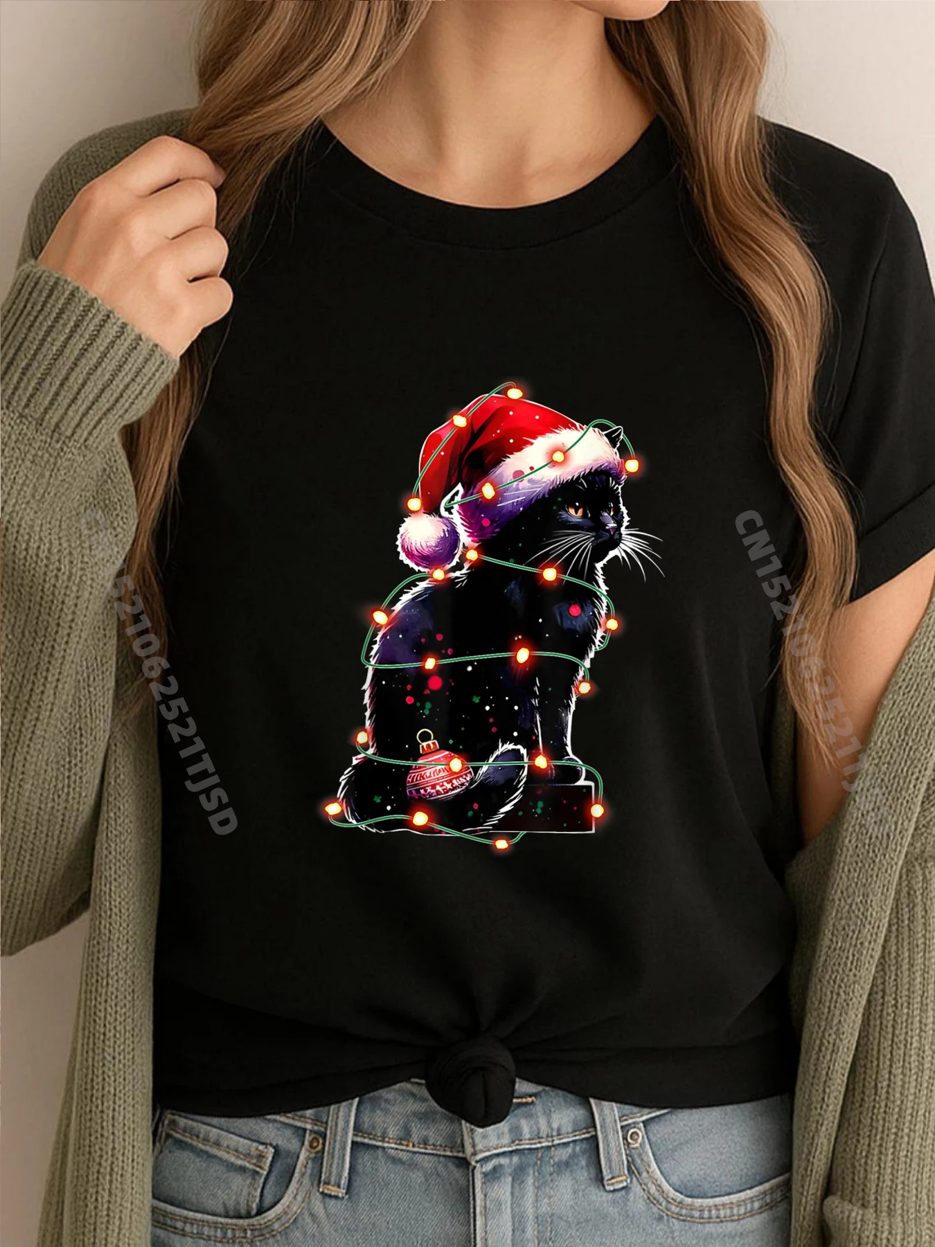 

Рождественский свет с изображением кота, шляпа Санта-Клауса, рождественская рубашка для любителей кошек, черная рубашка, футболки с рисунком, свободные футболки Camisas De Hombre