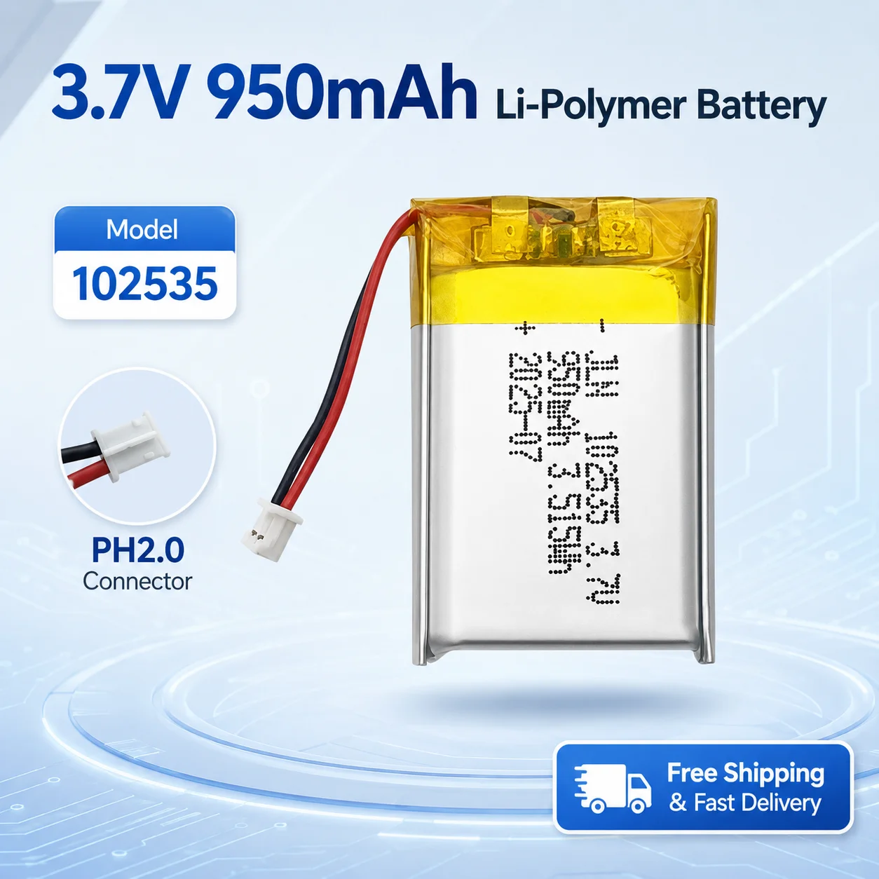 3.7V 950mAh 102535 LiPo Battery Rechargeable Lithium Polymer Battery PH2.0 Connector for DIY Electronics