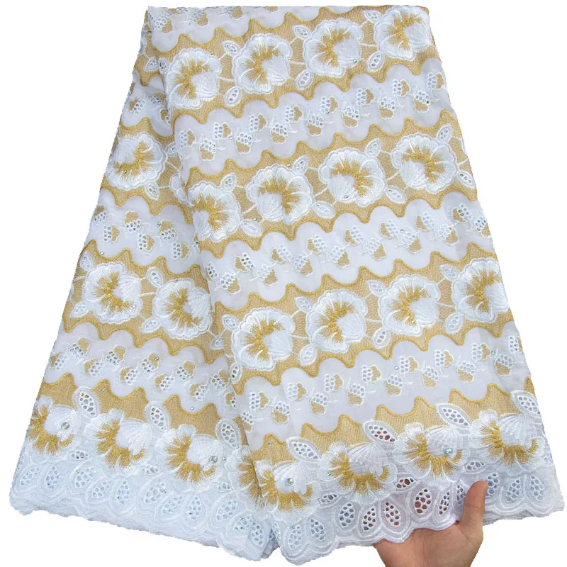 

White&Gold African Lace Fabric 5 Yards High Quality Nigerian Cotton Lace Swiss Voile Lace For Women Party Dress Sewing S3167