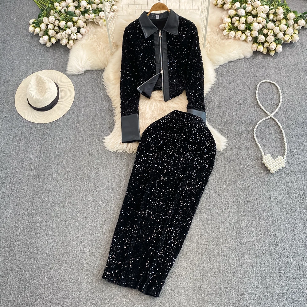 

Women Sequined Suit Patchwork Pu Lapel Collar Full Sleeve Short Shirt+High Waist Slim Hips Skirt Two Pieces Female Partywear Set