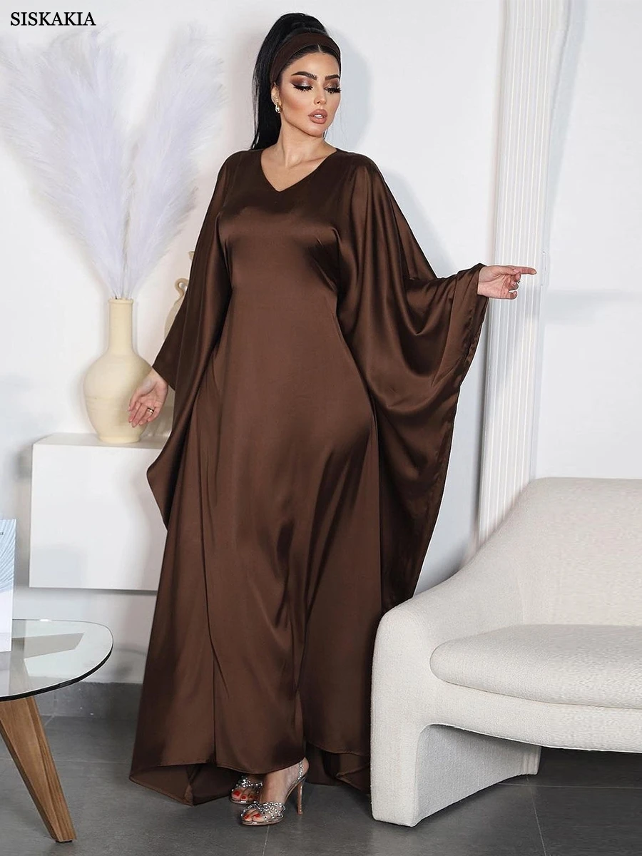 Siskakia Fashion Solid Open Abaya Long Sleeves V-Neck Satin Dress Elegant Casual Muslim Dubai Moroccan Kimono Clothing