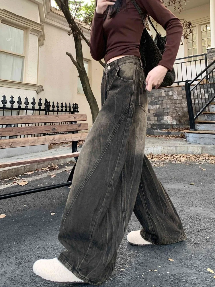 2025 Cyber Y2K Streetwear Pantaloni jeans da donna neri vintage invecchiati per abbigliamento donna Pantaloni lunghi in cotone Harajuku a gamba larga