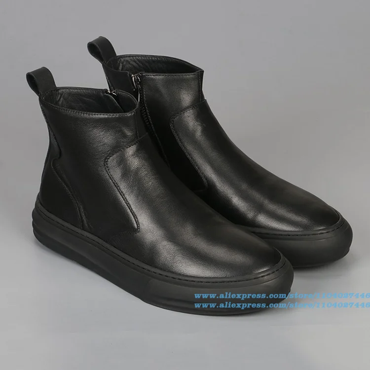 

Black Leather Chelsea Boots Men's Boots High-Top Side Zipper Work Booties Designer Round Toe Trendy Luxury Handmade Men Shoes
