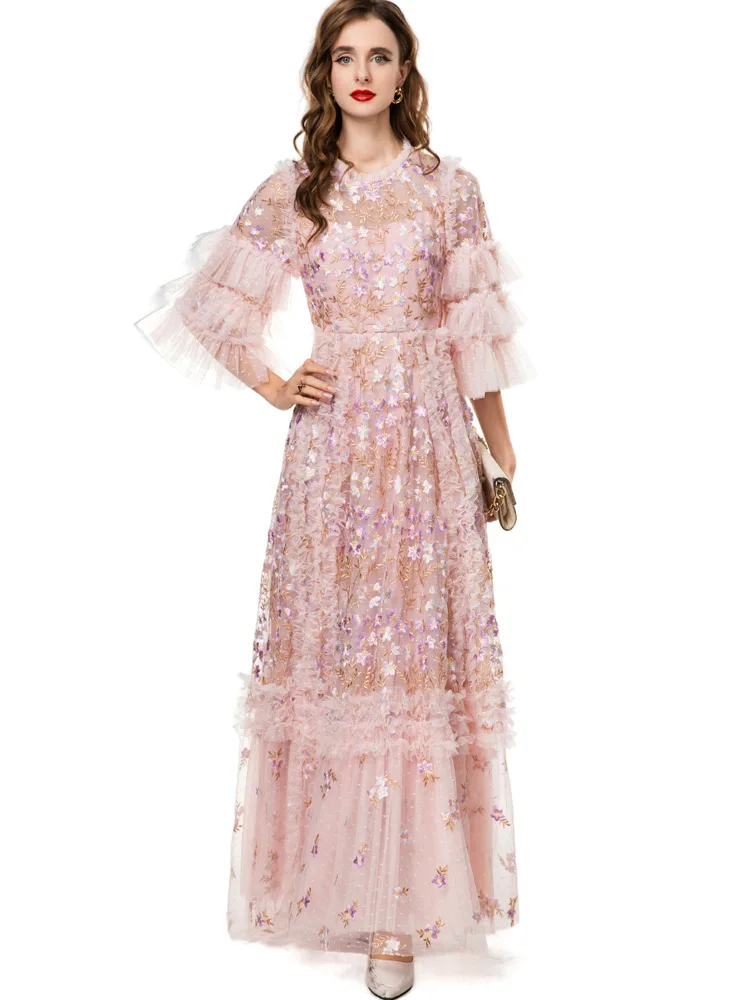 Qmqa moda feminina elegante vestido bordado rosa meados de manga em camadas plissado vestido grande balanço vestidos de noite 2025 novo qm705