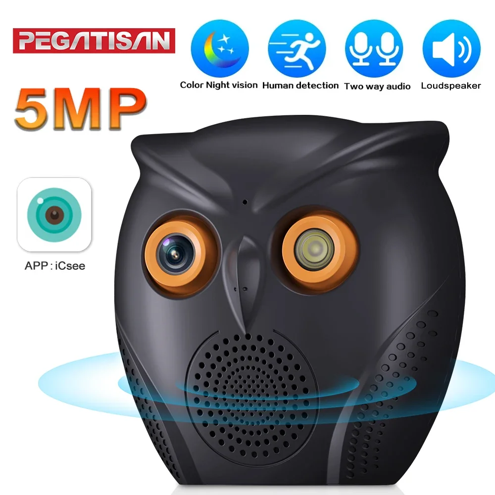 ICSEE WiFi Camera Owl Shape 2K 5MP Smart Home Mini Indoor Baby Moniton Detection Night Vision Two Way Audio Surveillance Cameras