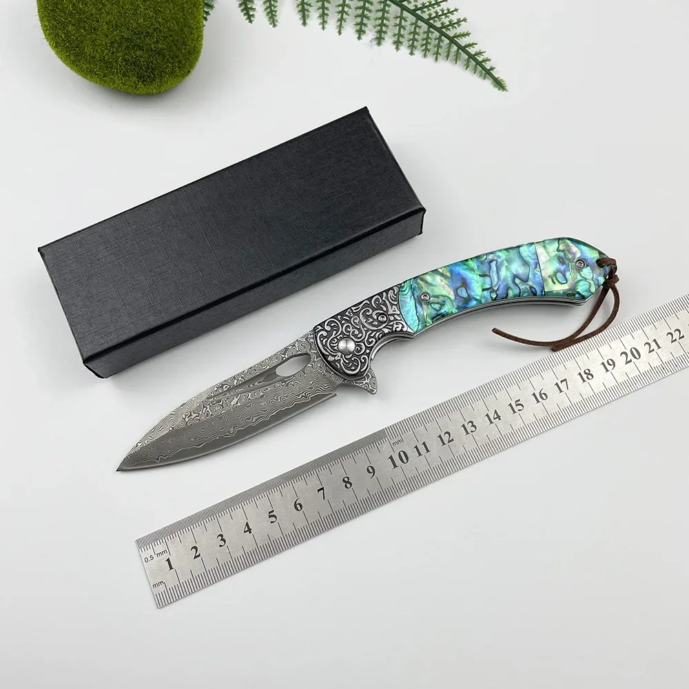 

Damascus Engraved Abalone Folding Pocket Knife Sheath Outdoor Survival Camping Knives Hunting Tactical Tool Anniversary Man Gift