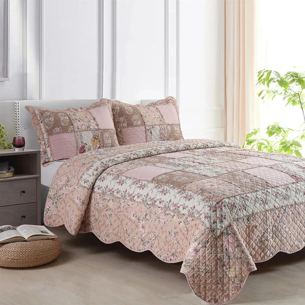 Komplet Kołdry Bawełnianej w Kwiaty 3-częściowy Ręcznie Robiony Patchwork Narzuta na Łóżko Queen King Size Letnia Pikowana Kołdra Narzuta na Łóżko