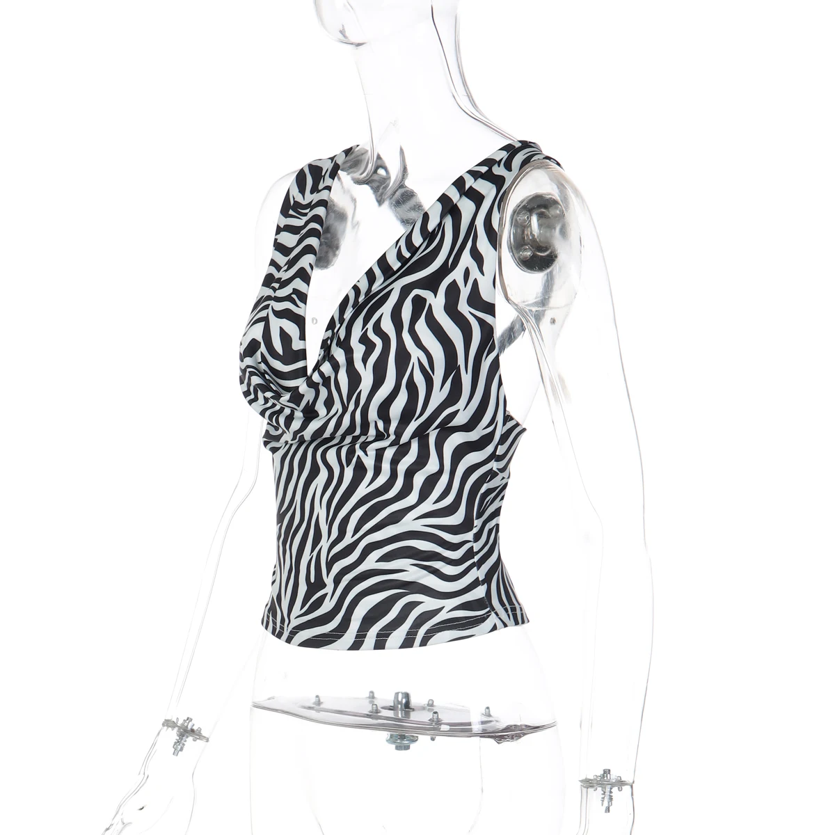 Hugcitar Damenmode, Zebramuster, V-Ausschnitt, gerüscht, rückenfrei, sexy, schmales Crop-Tanktop, Sommerkleidung für Damen, Party, Urlaub, Club – Detail 3
