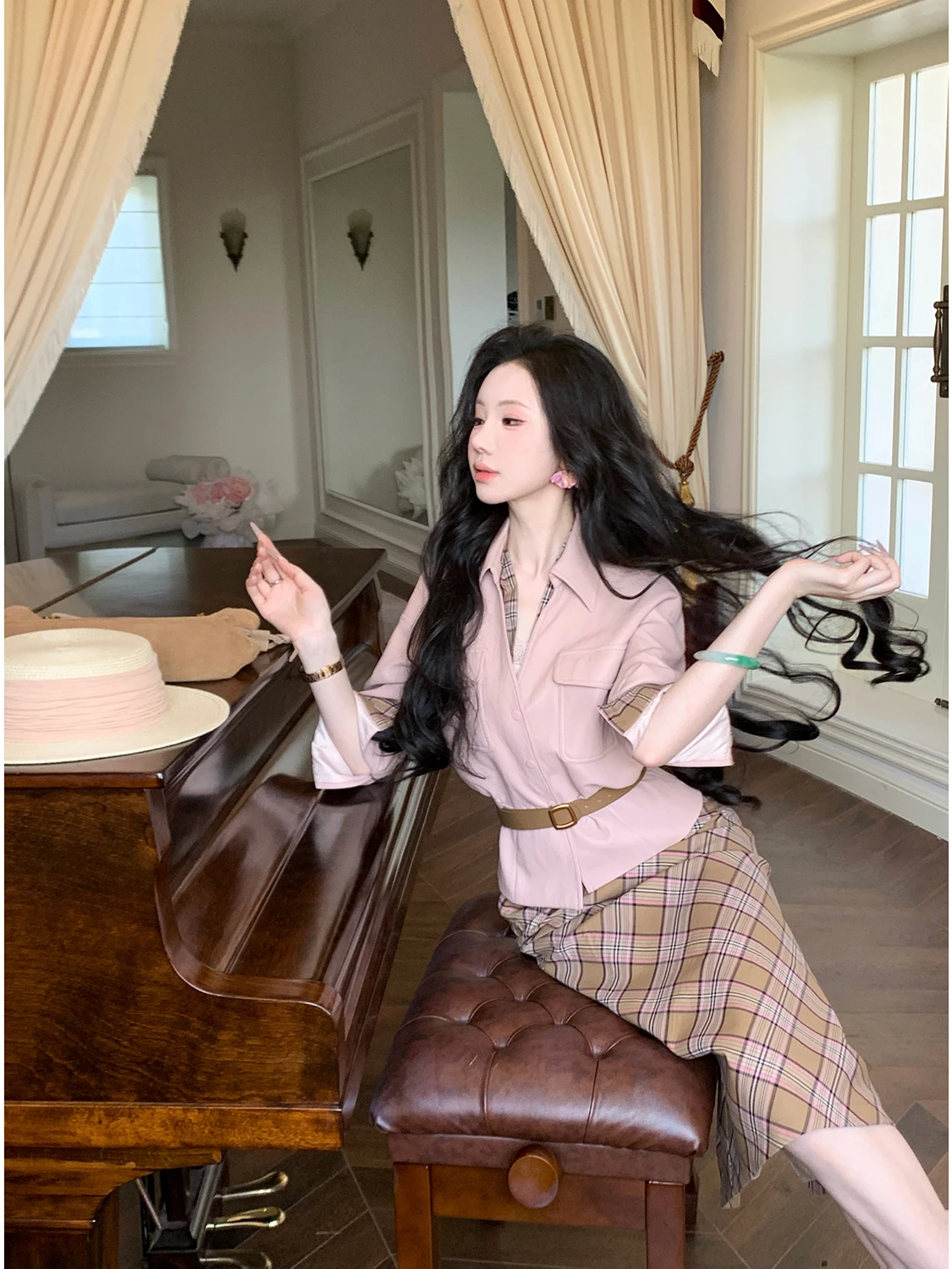 Syqiao Autumn Winter High Waist Midi Straight Tube Skirt Women's Plaid British Style Elegant Half-length Skirt with Back Split
