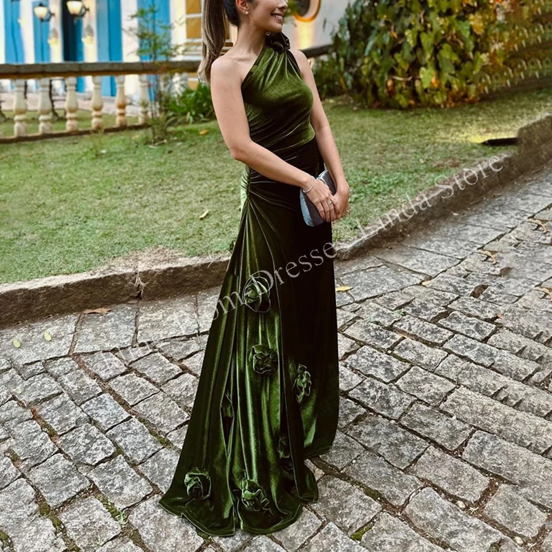 Mulheres Vestidos de noite com flores 3D, Veludo, Longos, Plissados A, Formatura, Dança, Casamento, Gala de Convidados, Eventos Especiais, Verde, 2023