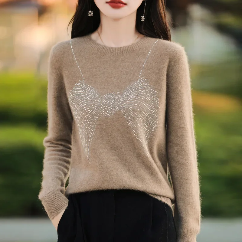 Elegant Knitted Sweater Bow New Lambswool Top Round Neck Fashionable Autumn/Winter Loose-Fit Base Layer Clothing