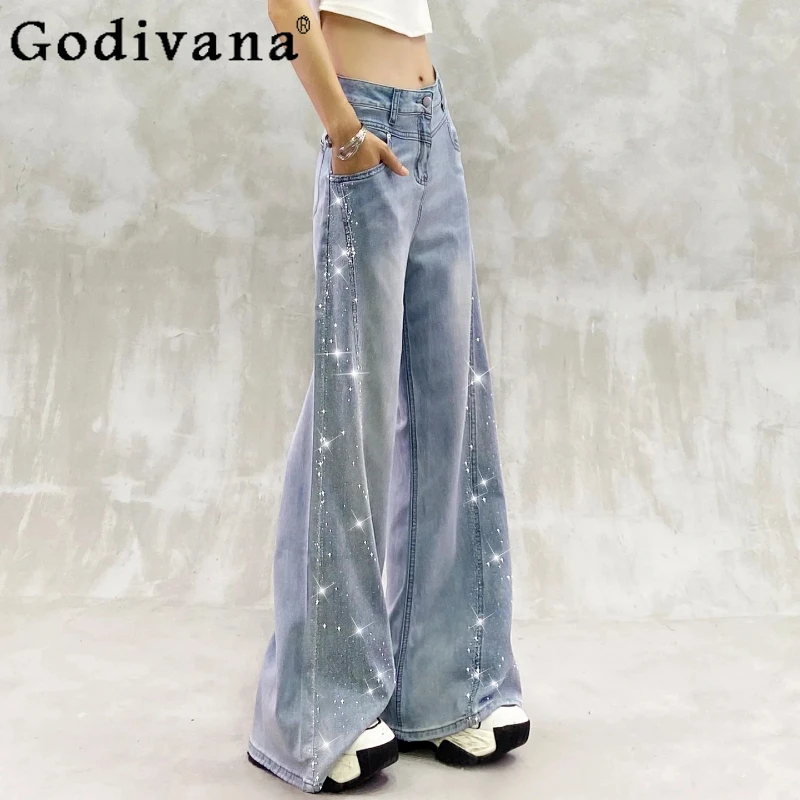 

Personalized Hot Diamond Leisure Blue Street Flared Jeans Women Summer High Waist Loose Versatile Age-reducing Wide-leg Pants