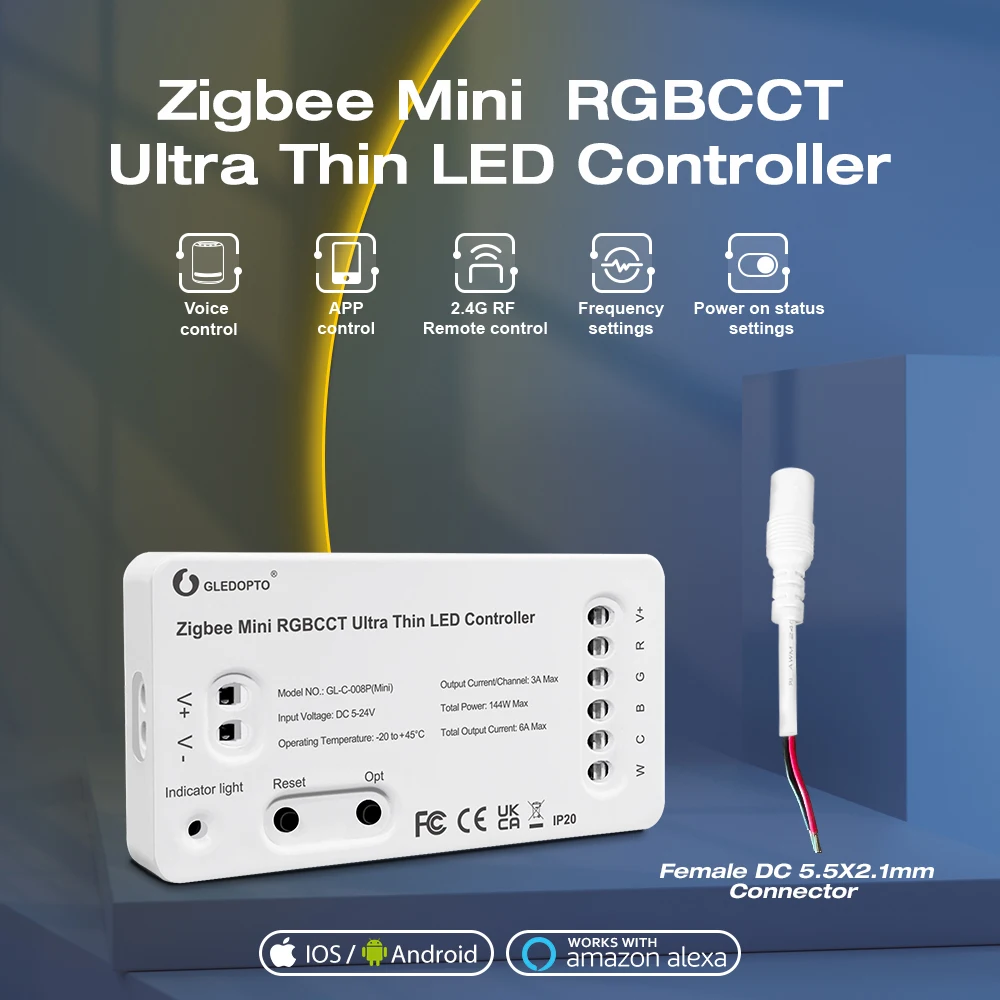 Gledopto Zigbee 3,0 DC5-24V Mini RGBCCT RGB WWCW светодиодный тонкий контроллер, подсветка телевизора, Кухонное освещение, работа с Alexa Voice