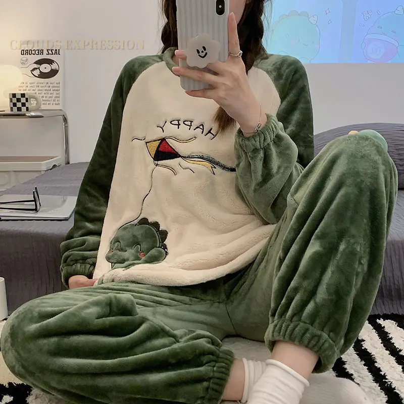 Autumn Flannel Cartoon Dinosaur Print Pajama Sets Women Pyjamas Womens loungewear Pijama Mujer Homewear Girls Sleepwear Lounge