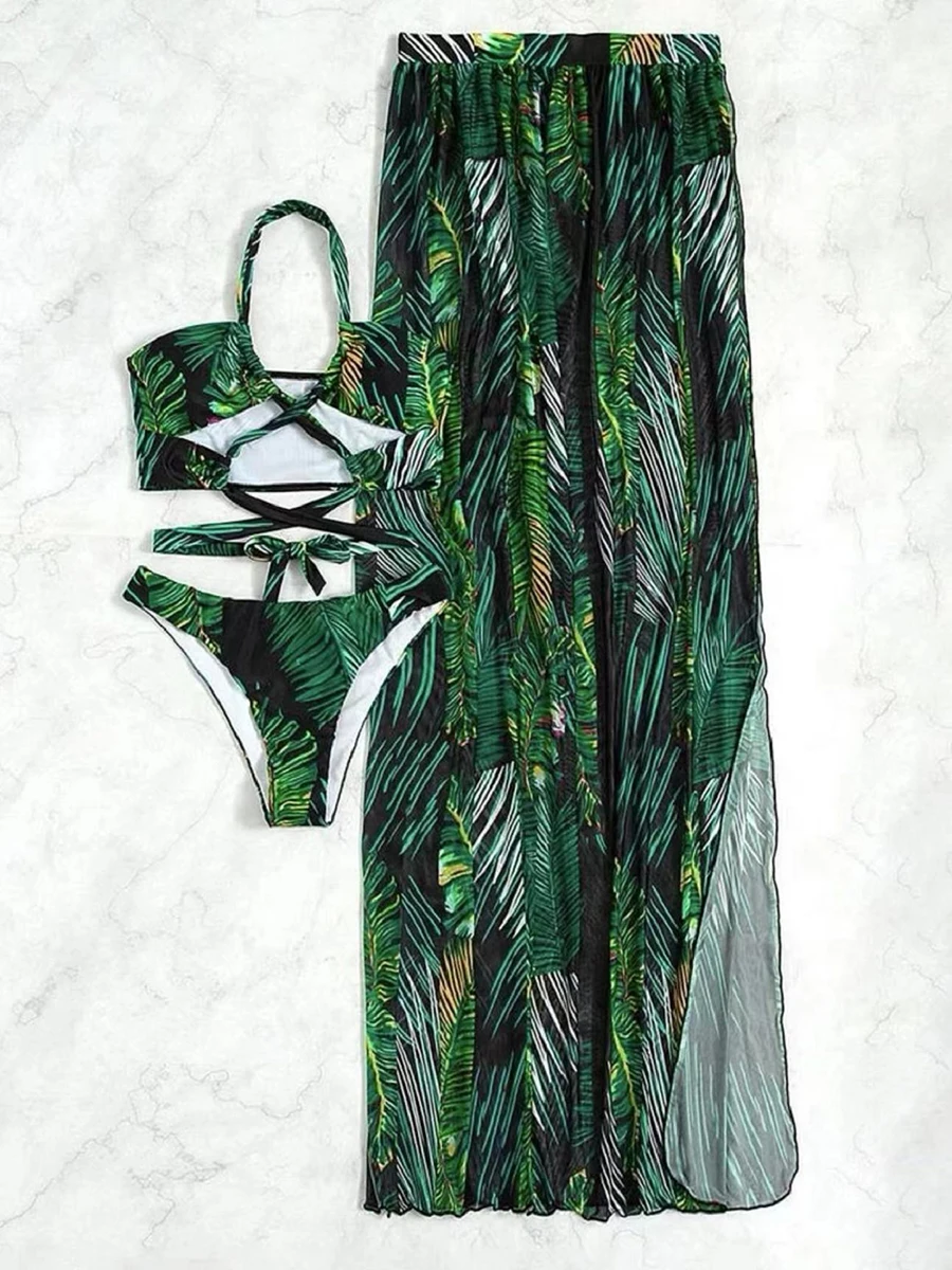 Maillot de bain 3 pièces pour femmes, sexy, rembourré, col licou, croix, bikini, amissié, vêtements de plage, été, 2024
