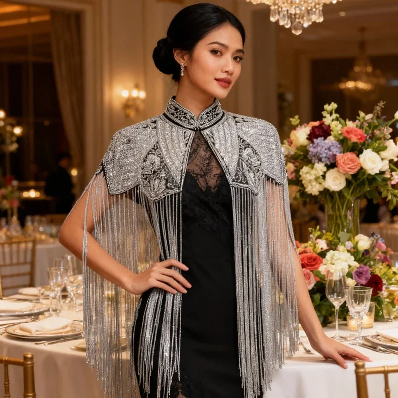 Indian Delicate Beaded Shawl Women Long Tassel Cheongsam Cloud Shoulder Handmade Beaded Fashion Show Gown Ancient Style Shawl