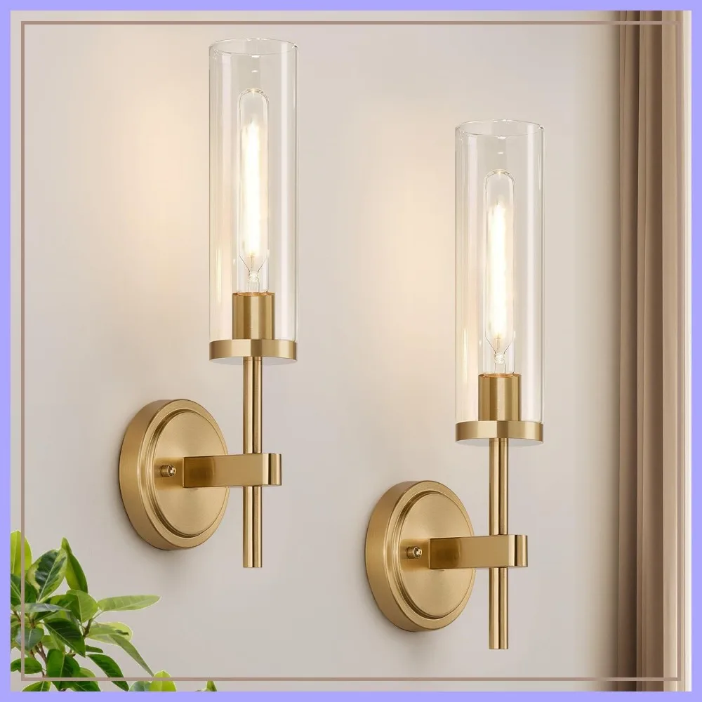 Hardwired Wall Sconces Set of Two, Brushed Gold Bathroom Lighting with Clear Glass, Modern Fixtures for Mirror Vanity, Living Room, Bedroom, Hallway, Stairway, Cabinet, Foyer