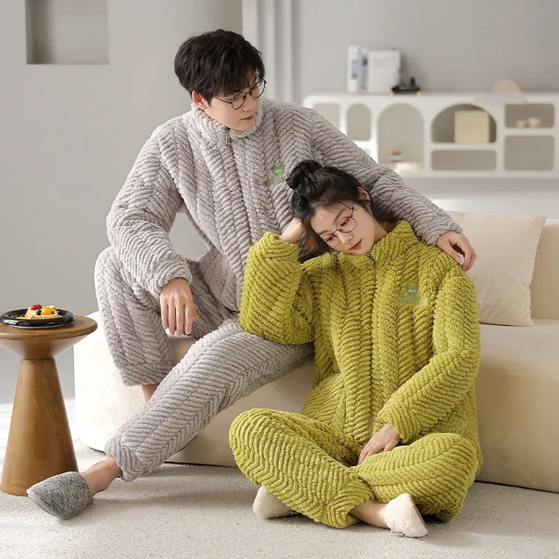 Winter Couple Pajamas Three Layers Thickened Coral Fleece Sleepwear Men Women's Loungewear Warm Cotton Pijamas Set pyjama homme