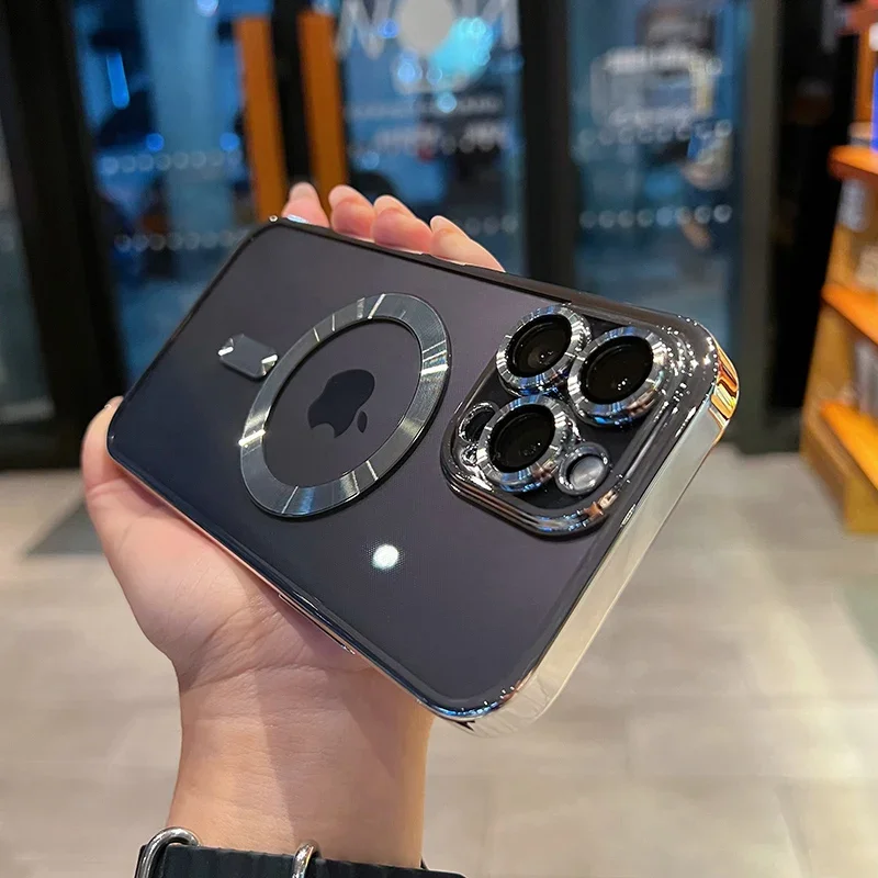 Luxo magnético para magsafe carga sem fio chapeamento caso claro para iphone 11 12 13 14 15 16 pro max capa de silicone à prova de choque