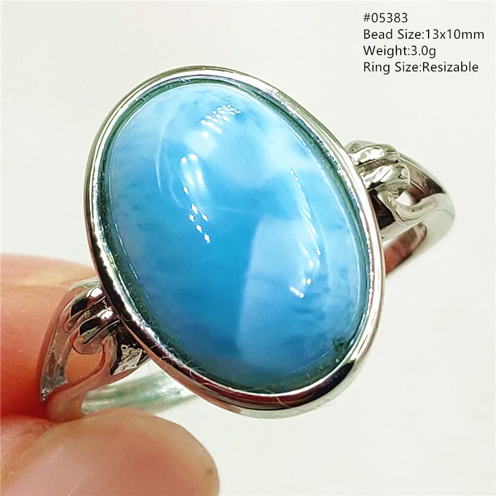 Natural Blue Larimar Oval Adjustable Ring Jewelry Water Pattern Real Larimar For Women Men Healing Fashion Stone AAAAAA