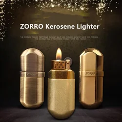 ZORRO Retro Brass Mini Ultra-thin Windproof Kerosene Lighter Grinding Wheel Metal Outdoor Waterproof Portable Lighters Smoking