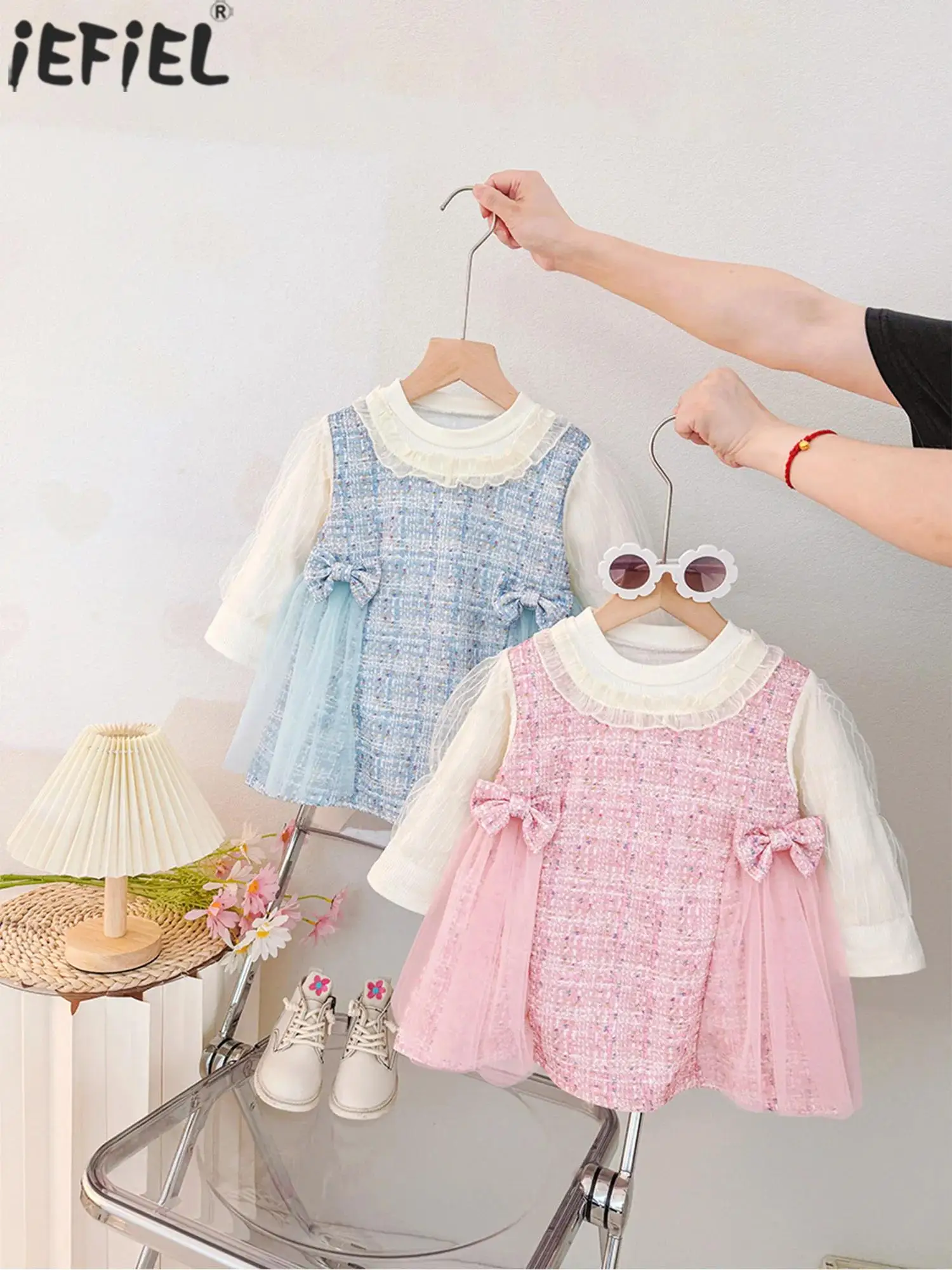 

Элегантное платье принцессы для маленьких девочек, твидовое платье из тюля с длинными рукавами и бантом, весенне-осенняя одежда для конкурса, свадьбы, дня рождения