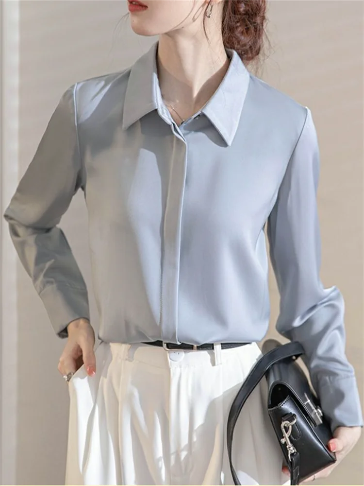 Satin Blouses Gray Blue Shirt For Women Professional Formal Blous Laple Cardigan Top Woman Shirts Button Up OL Feminine Blouse