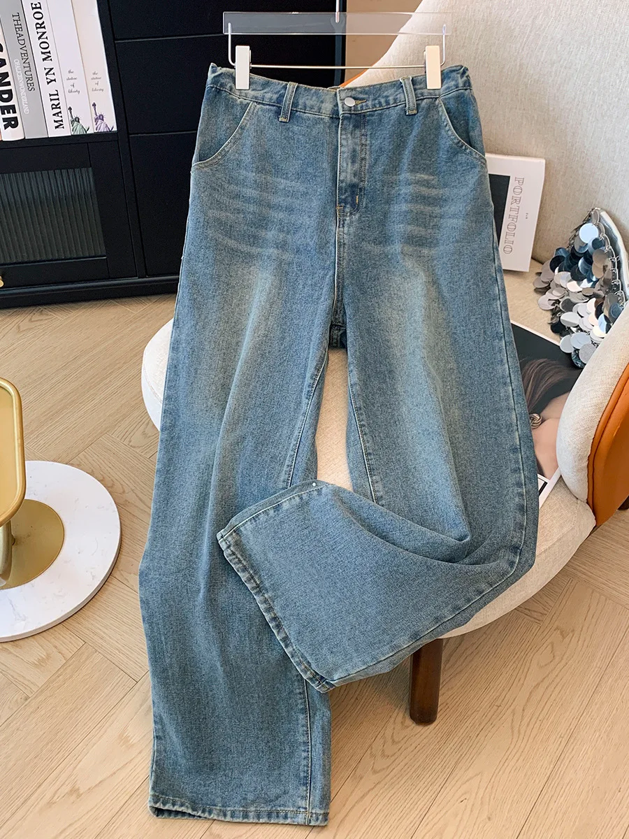 150Kg Plus Size Women\'s Hip 142 Spring Autumn High Waist Straight Leg Jeans Loose Wide Leg Pants Blue 2XL 3XL 4XL 5XL 6XL