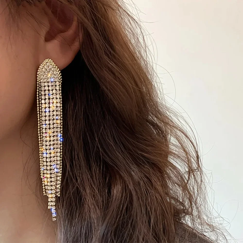 Exquisite Luxury Shiny Crystal Dangle Earrings for Women Long Tassel Full Rhinestone Statement Earring Korean Fashion Jewelry