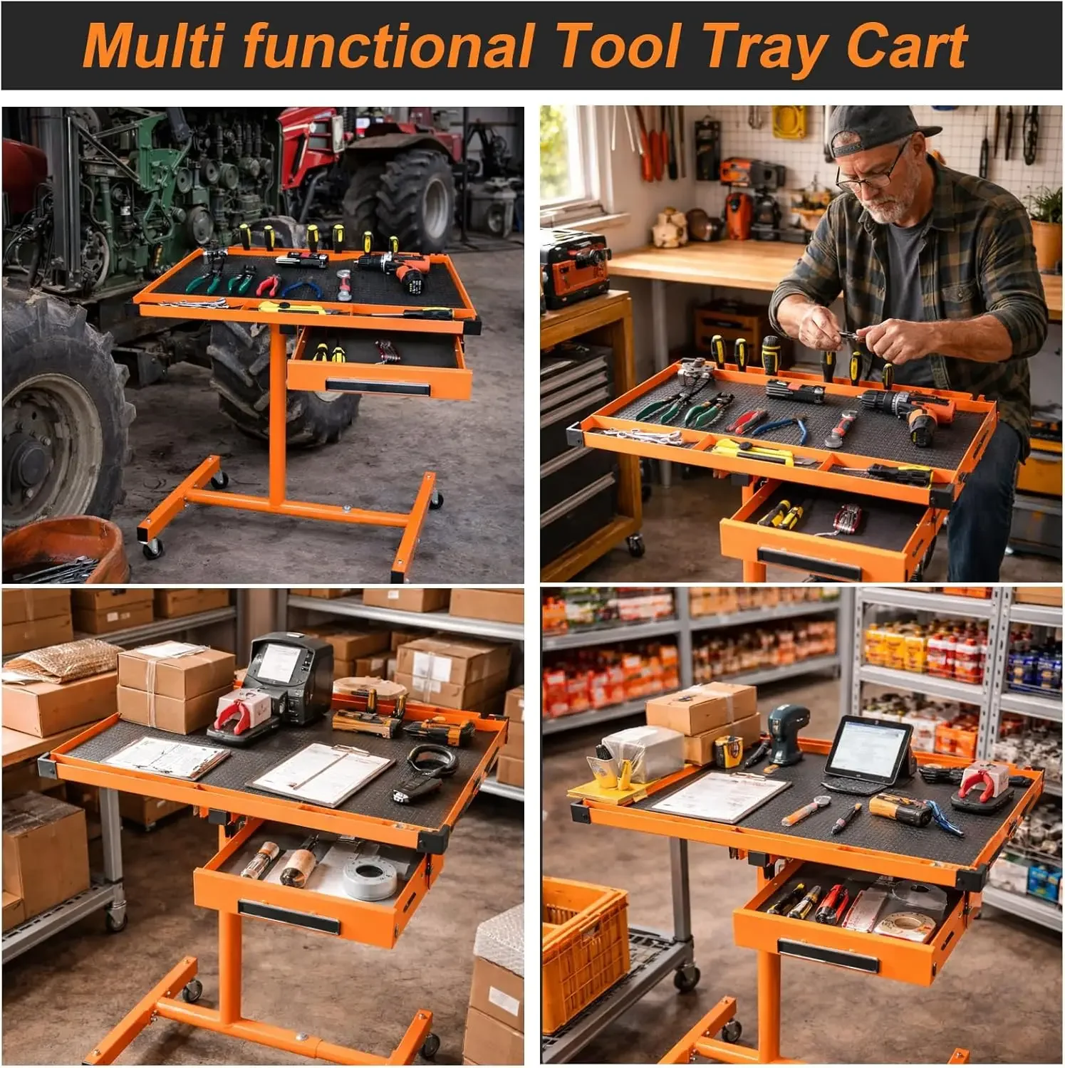 LT018 Heavy Duty Adjustable Work Table with Drawers, Rolling Tool Tray with Wheels of 220lbs Capacity