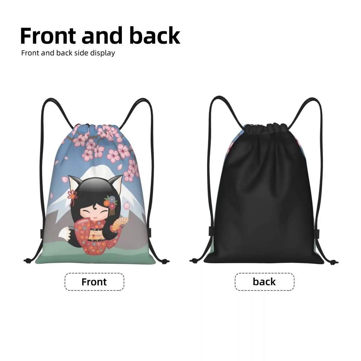 Kawaii Kokeshi Doll Cherry Blossoms Drawstring Backpack Gym Sport Sackpack Foldable Japanese Geisha Girl Art Training Bag Sack