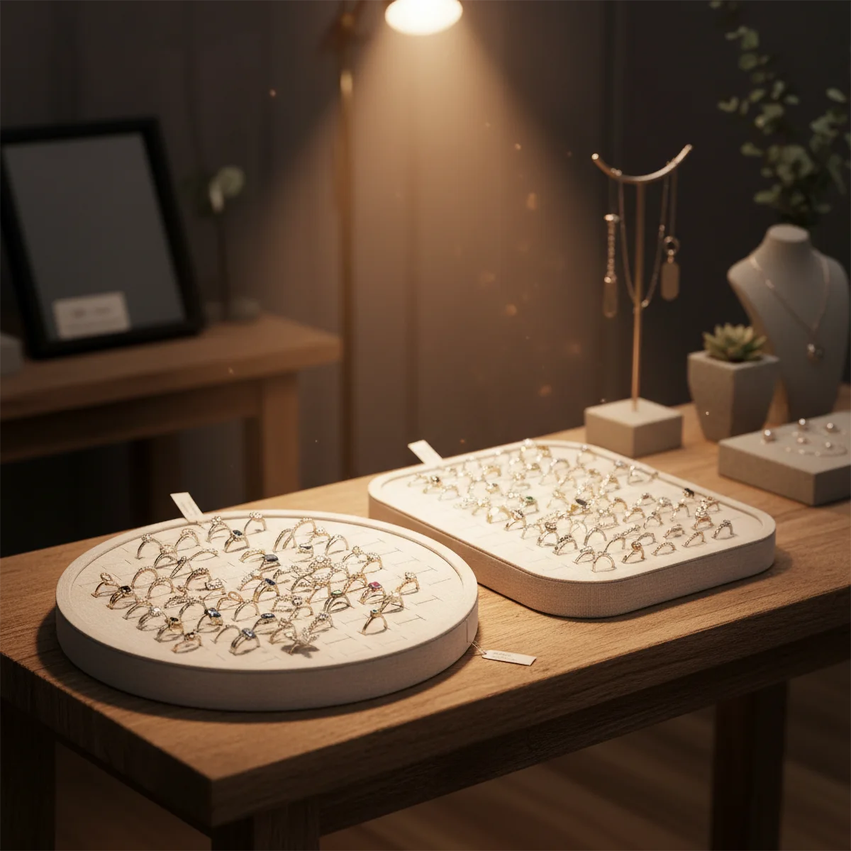 

Набор льняных подносов для демонстрации колец с плетеными подкладками, предотвращающими царапины, круглые и прямоугольные держатели для колец для туалетного столика, ящиков и витрин