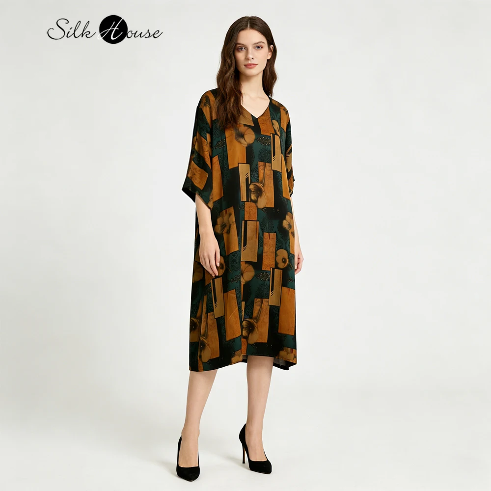 

Plus Size 2026 Women's Fashion Clothing 100% Natural Mulberry Silk Gambiered Guangdong Gauze V-neck Retro Printed Dress