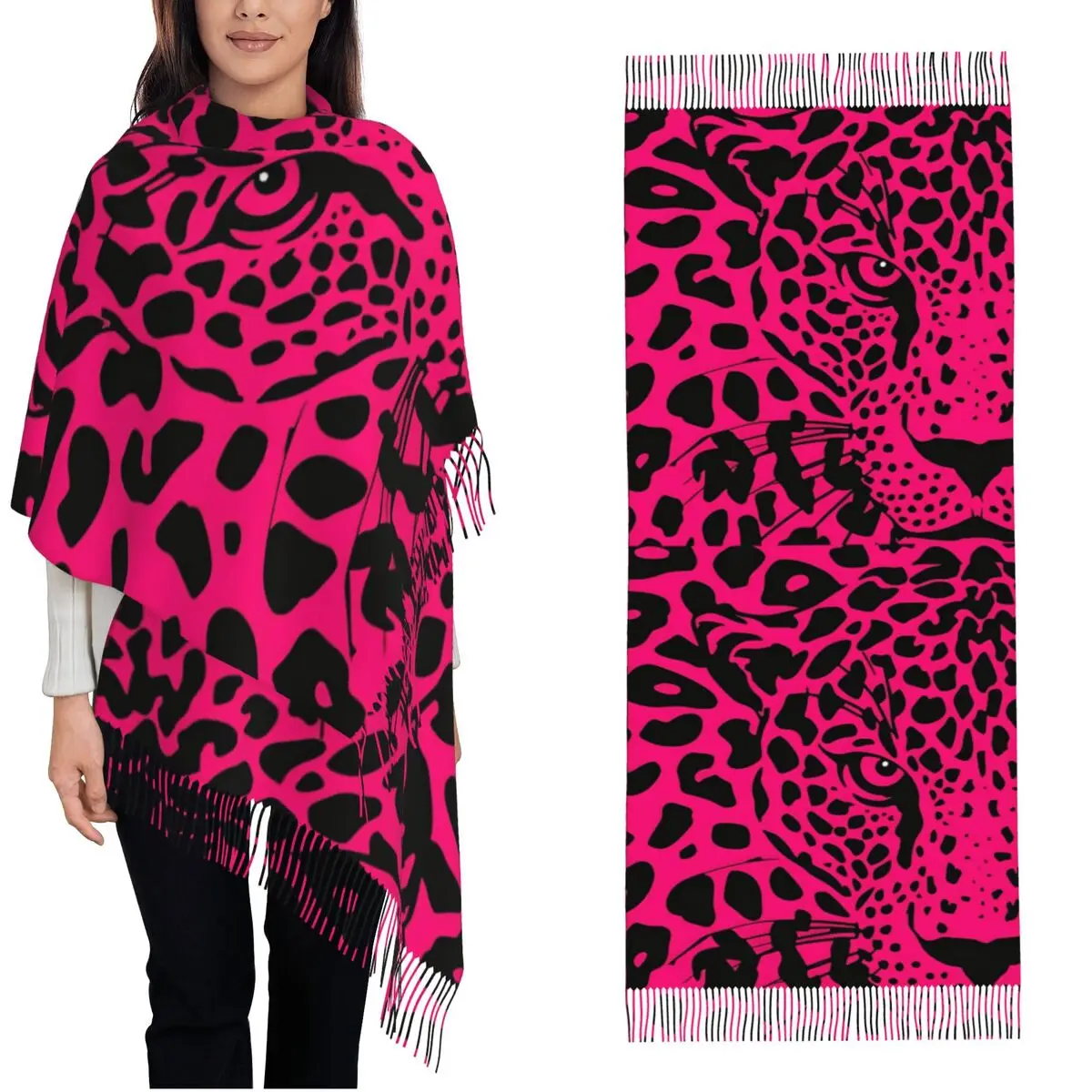 

Female Scarf Keep Warm Leopard Pattern Pink Black Head Scarves with Long Tassel Retro Shawls and Wrap Autumn New Design Bufanda