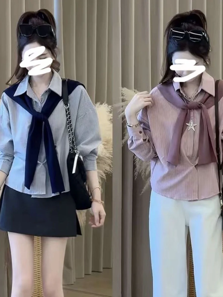 

2025 Spring Autumn Ladies Korean Striped awl Long Sve Loose Slimming irt Two-Piece Set Faionable Collar Blouse
