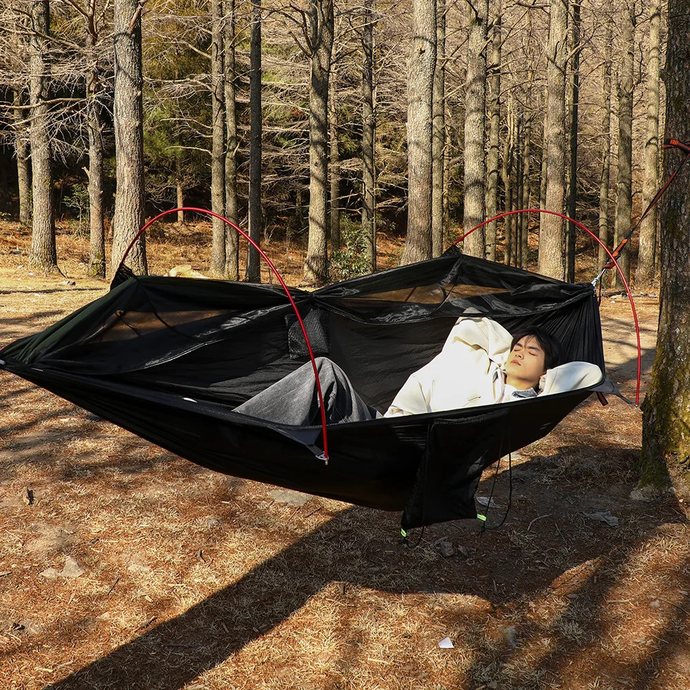270*140CM Anti-Rollover Hammock with Push-Pull Mosquito Net - Lightweight 1200g for Camping, Yard & Indoor Use