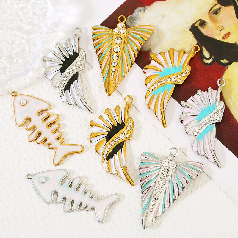 2pcs Stainless Steel Zircon Enamel Wings Fishbone Big Charms Pendant for DIY Earring Necklace Jewelry Making Accessories Finding