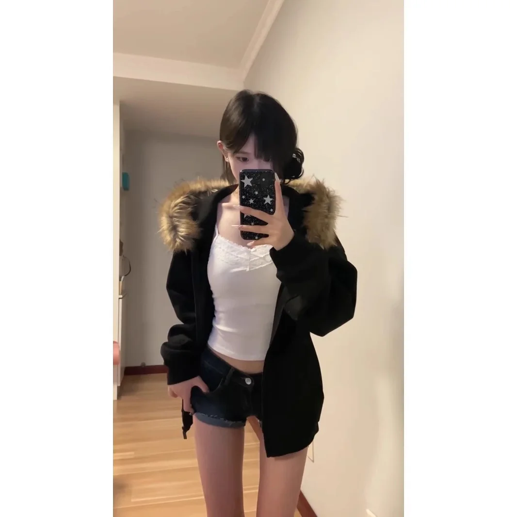 Women Black Zip Up Hoodies Vintage Korean Preppy Style Faux Fur Coat Oversized Casual Sweatshirt Harajuku Autumn Winter