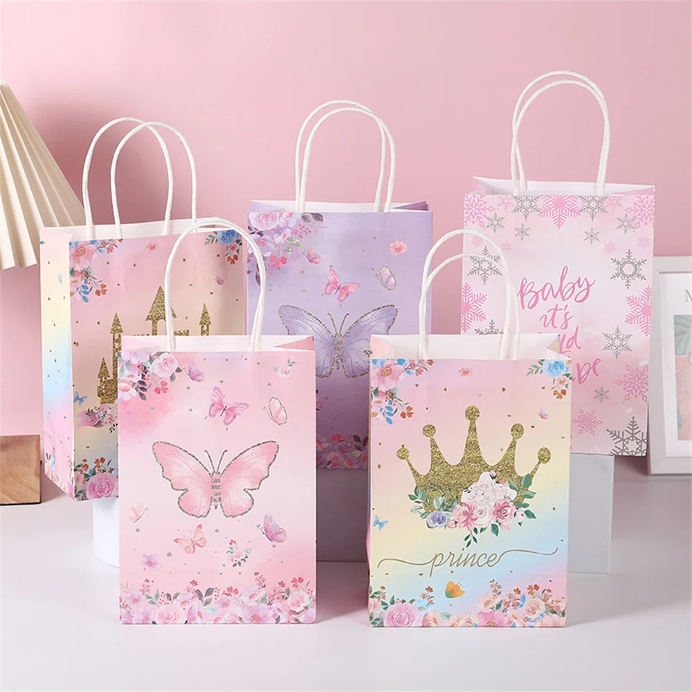 4Pcs Gift Paper Bags Butterfly Crown Castle Print Paper Tote Bags for Wedding Birthday Party Candy Cookies Packaging Decorations