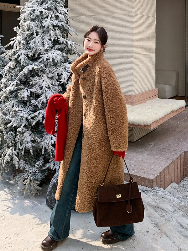 

Новое теплое женское пальто из карамельного меха с воротником-стойкой, длинное, из натуральной шерсти, для осени и зимы