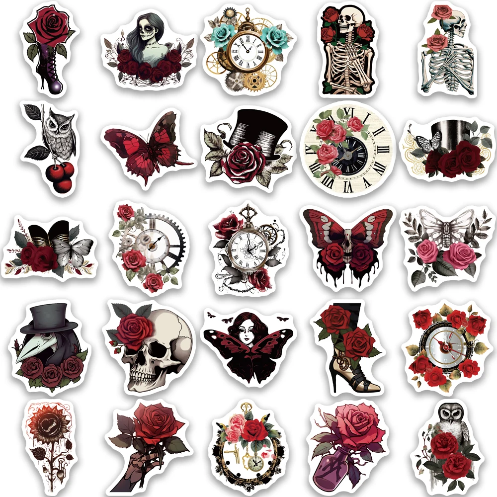 50PCS Punk Rose Skull Stickers Exquisite Handbooks Material Phone Cases Laptop Suitcases Water Cups Waterproof Stickers