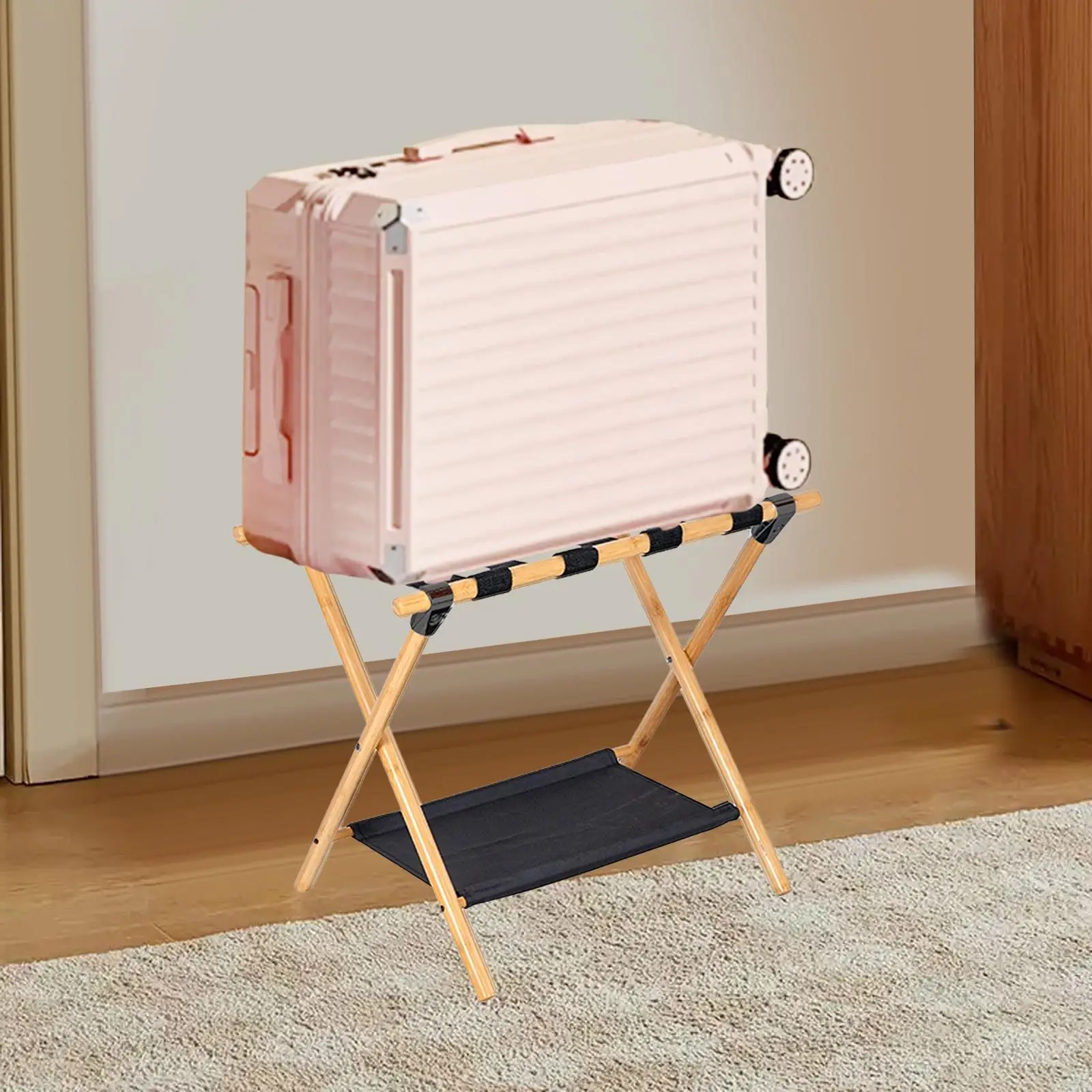 Luggage Stand Folding Bamboo Frame with Storage Shelf Portable Luggage Holder Suitcase Support for Guest Room Hotel and Home