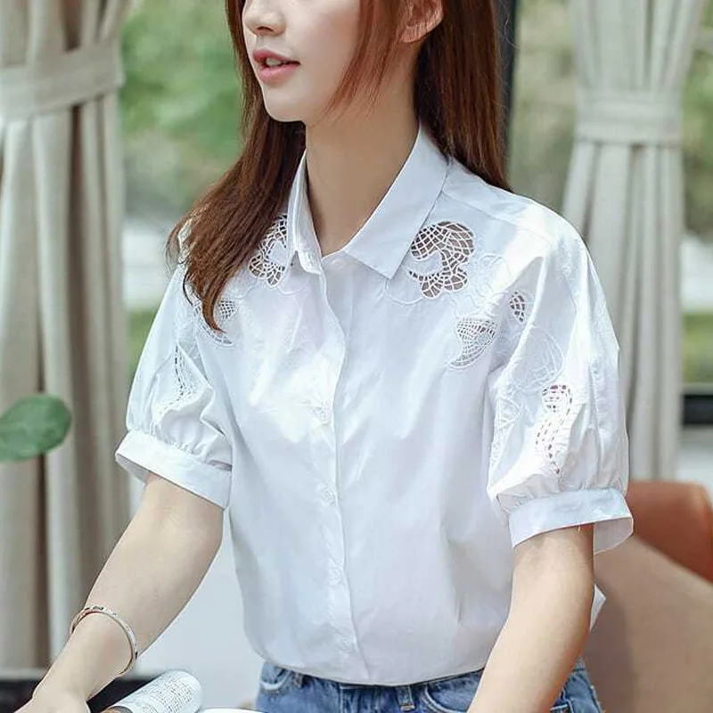 White Embroidered Hollow Out Blouse Women New Short Sleeve Polo Collar Office Single-breasted Lady All-match Chiffon Shirt