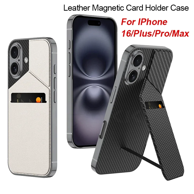 

Plain Leather Card Package Stand Case For Iphone 16 Plus Pro Max Shockproof Magnetic Fold Bracket Cover For Iphone 16 Plus Case