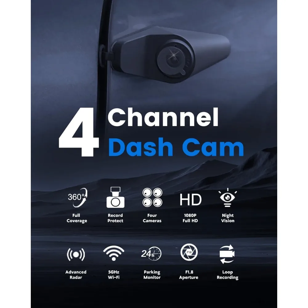 كاميرا Sprleaf ذات 4 قنوات مع كاميرات أمامية وخلفية، 360 درجة °   Dashcam، بطاقة 128 جيجابايت متضمنة، 5G Wi-Fi والتحكم في التطبيقات، رؤية ليلية