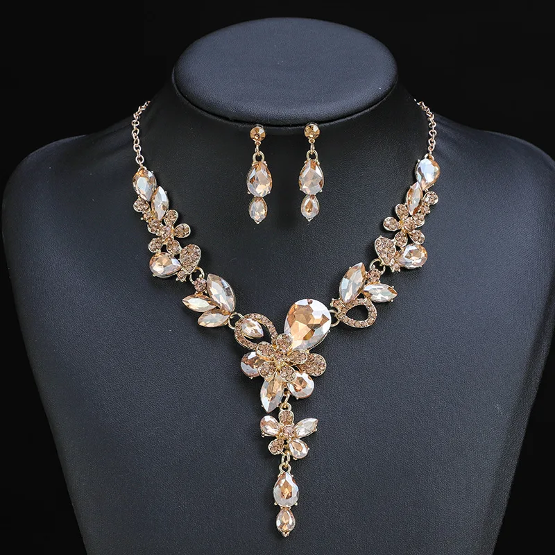 New European and American Vintage Style Necklace Earring Set with Double Layer Floral Crystal Design Direct from Manufacturer