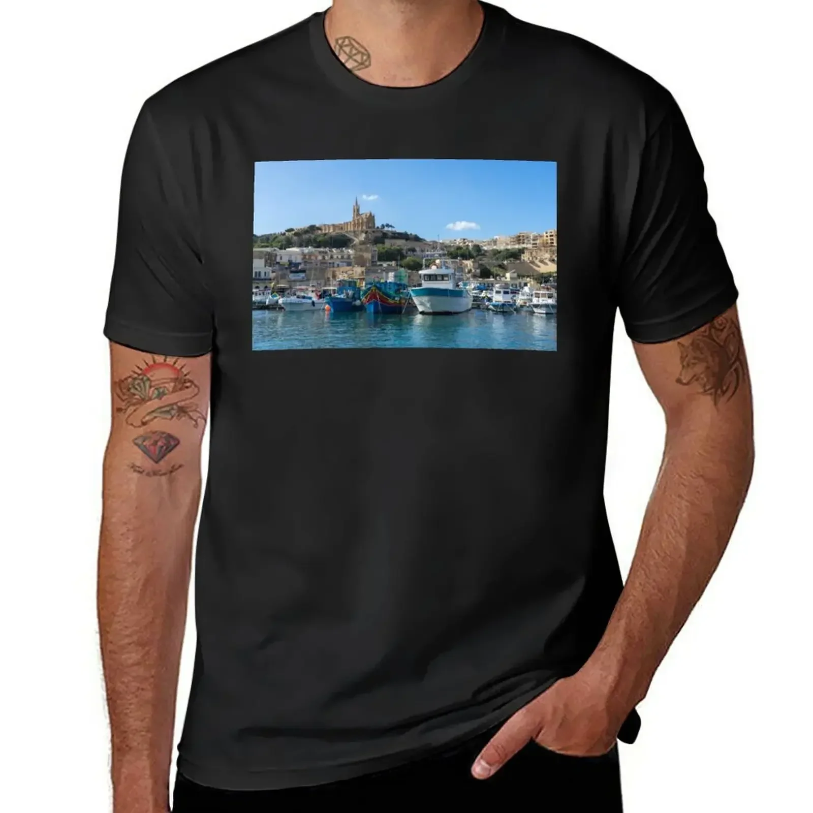 blanks quick-drying mens big and tall t shirts Cheerful Maltese - Traditional Fishing Boats at Gozos Mgarr Harbour T-Shirt