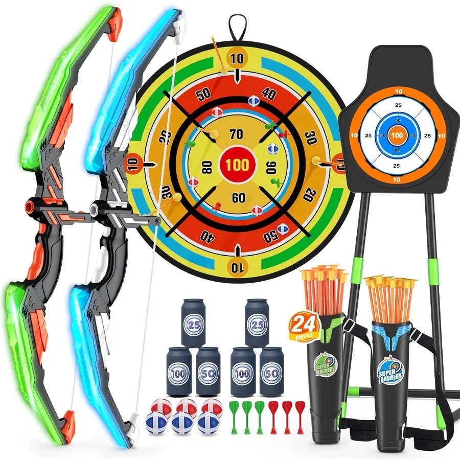 

2 Pack Bow and Arrow with 29" Large Dart Board LED Light Up Archery Set with 24 Suction Cup Arrows Indoor Outdoor Sport Toys Gi