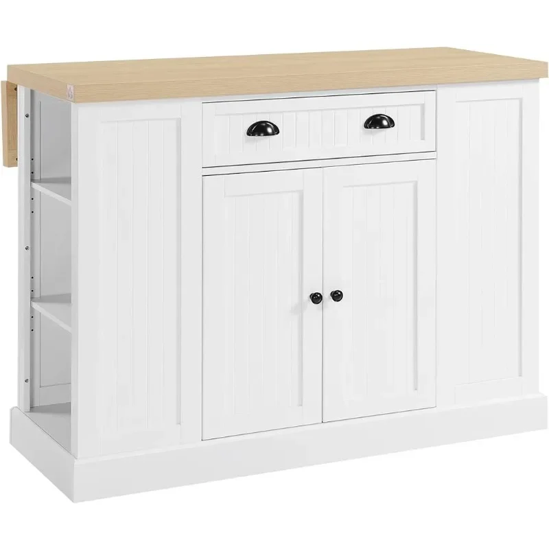 

47" Fluted-Style Wooden Kitchen Island, Kitchen Countertop Storage Cabinet with Drop Leaf, Drawer, Open Shelves